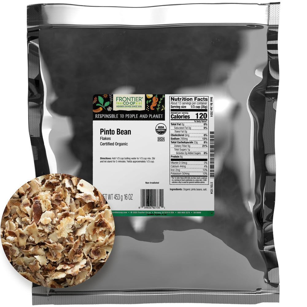 Frontier Co-op Pinto Bean Flakes in bulk bag, a versatile, protein-rich pantry staple.