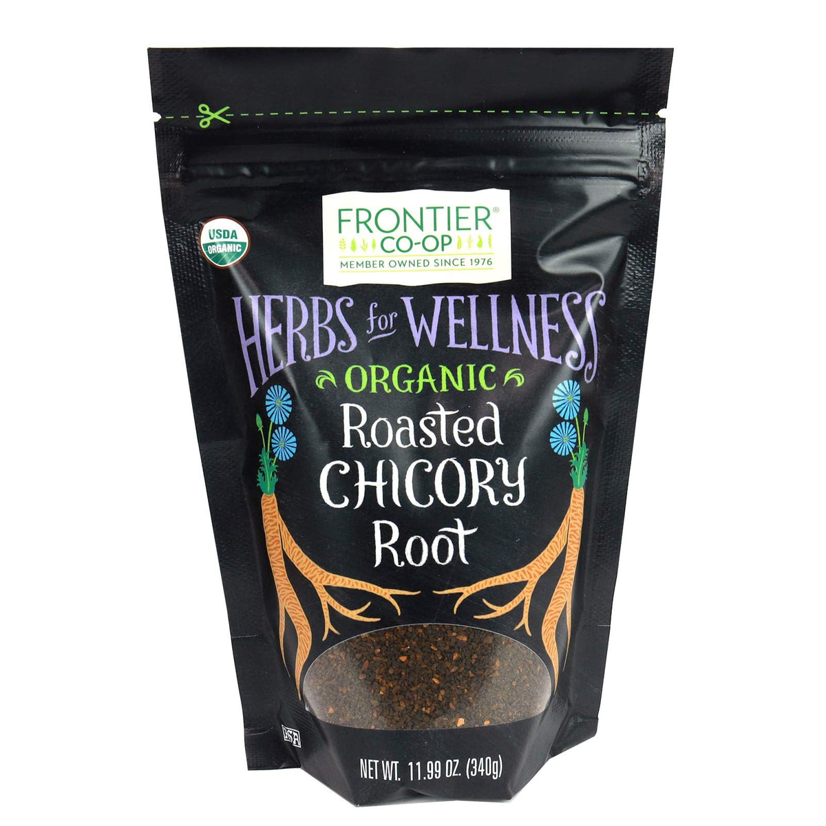 Frontier Co-op chicory root granules in bag offer a caffeine-free coffee substitute.