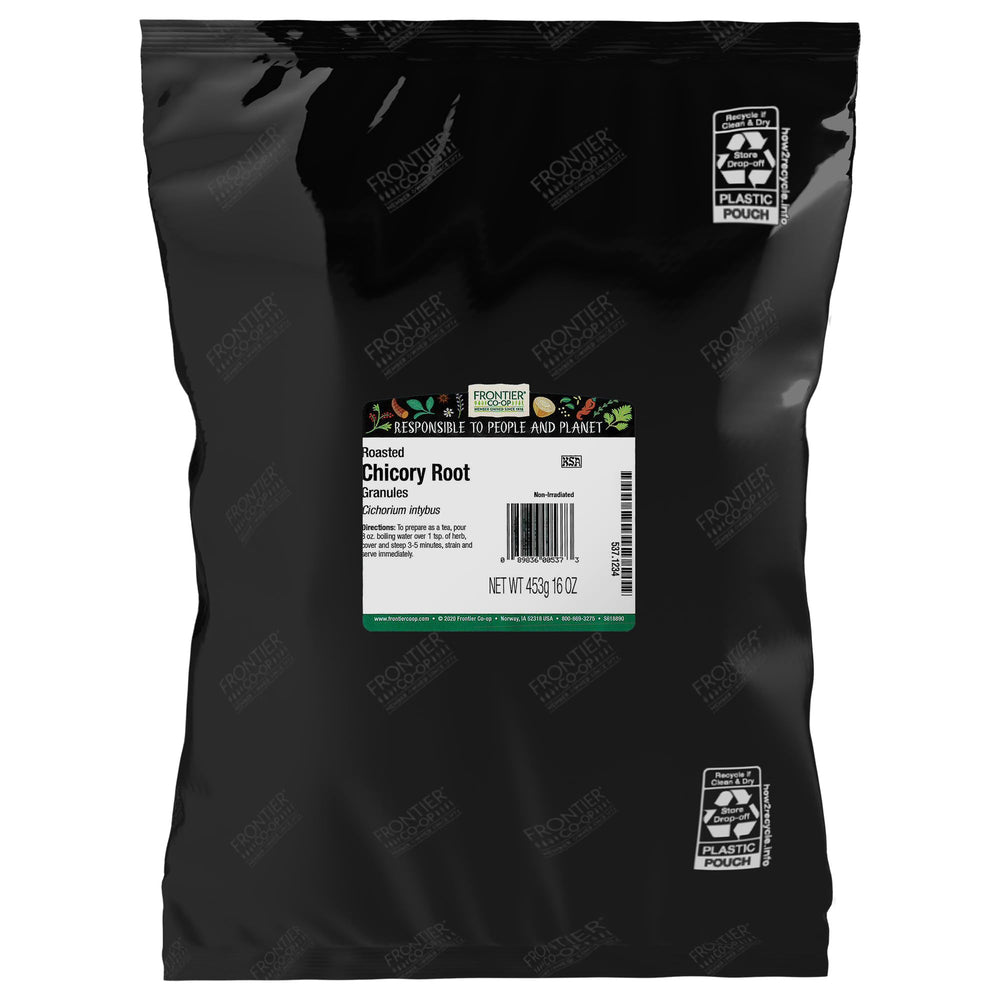 Frontier Co-op Roasted Chicory Root Granules in a jar for caffeine-free coffee substitute