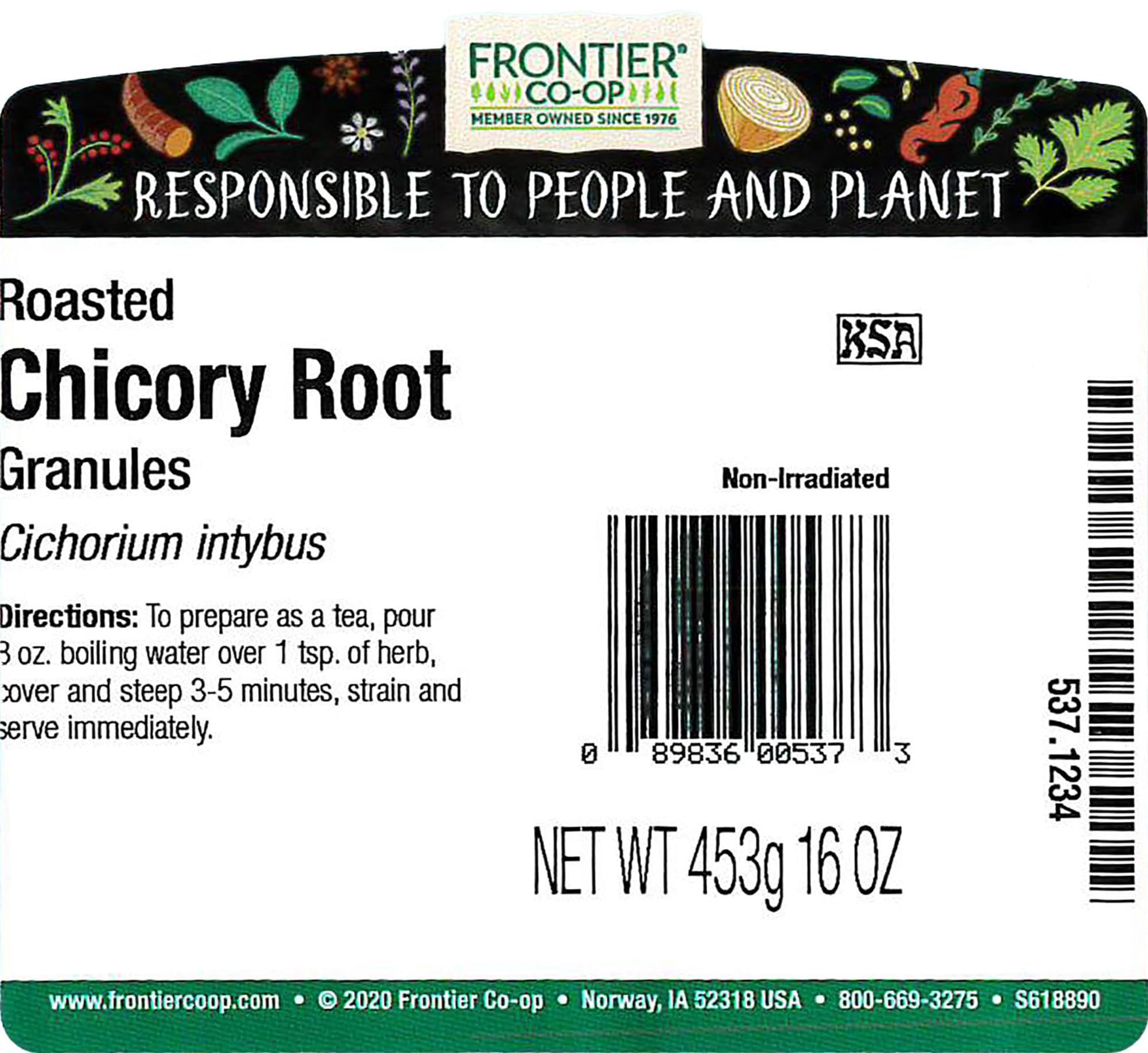Frontier Co-op Roasted Chicory Root Granules pour shot highlights caramel notes for caffeine-free brew