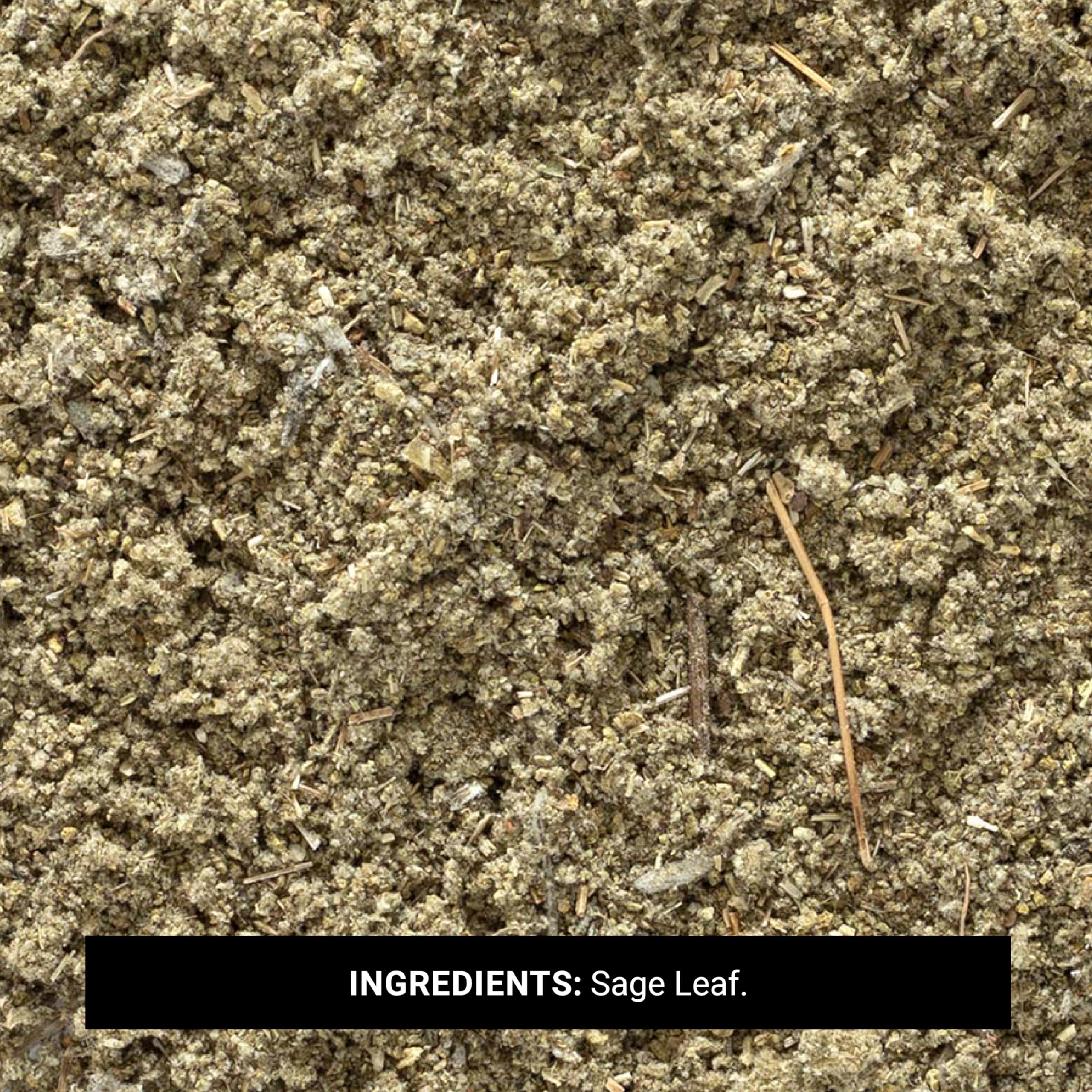 Frontier Co-op rubbed sage leaf close-up highlights minty aroma for seasoning soups.