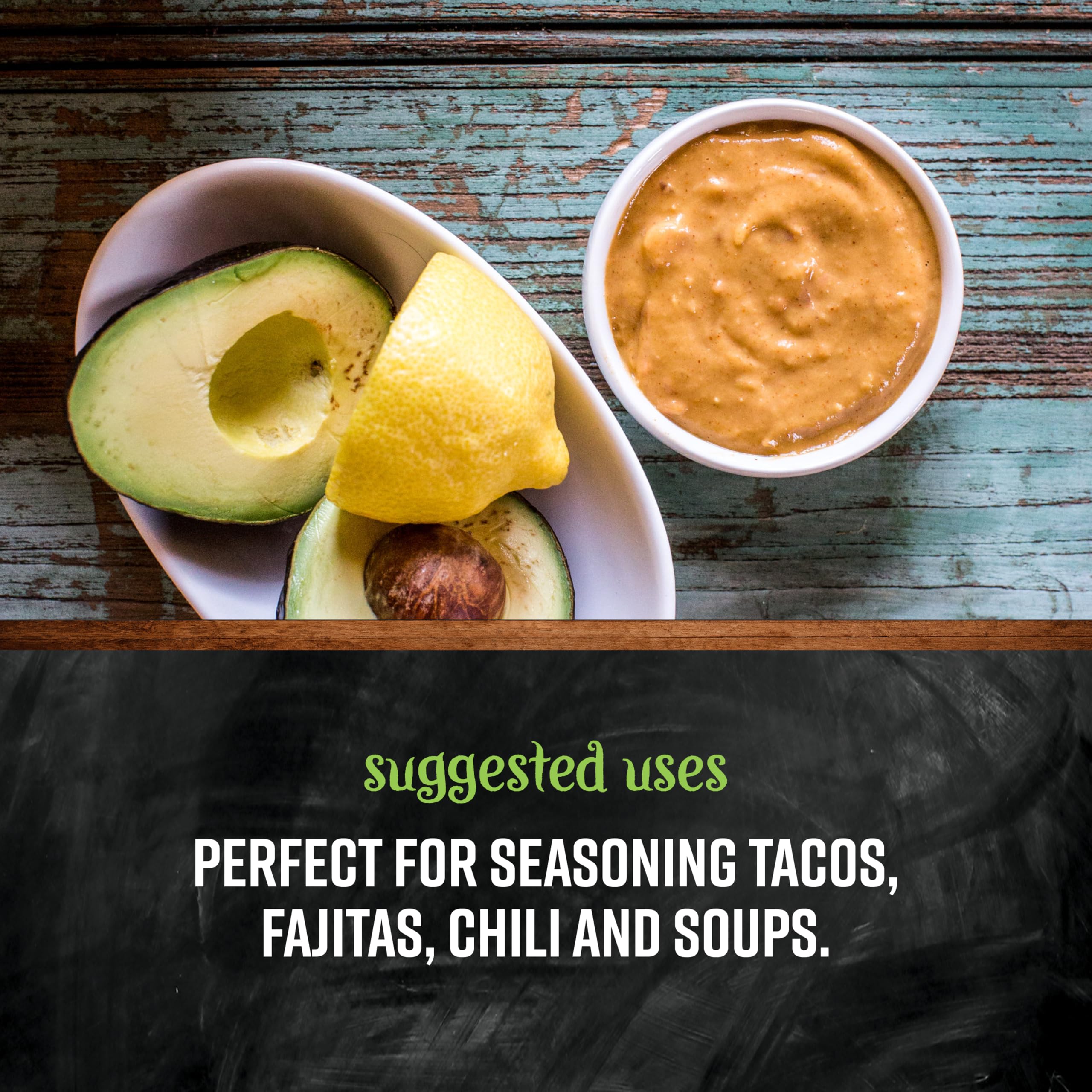 Salt-Free Taco Seasoning sprinkled on tacos and dips for bold flavor from Frontier Co-op.