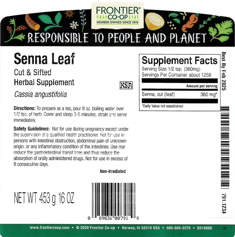 Frontier Co-op Senna leaf tea infusion ready for brewing and herbal blends.