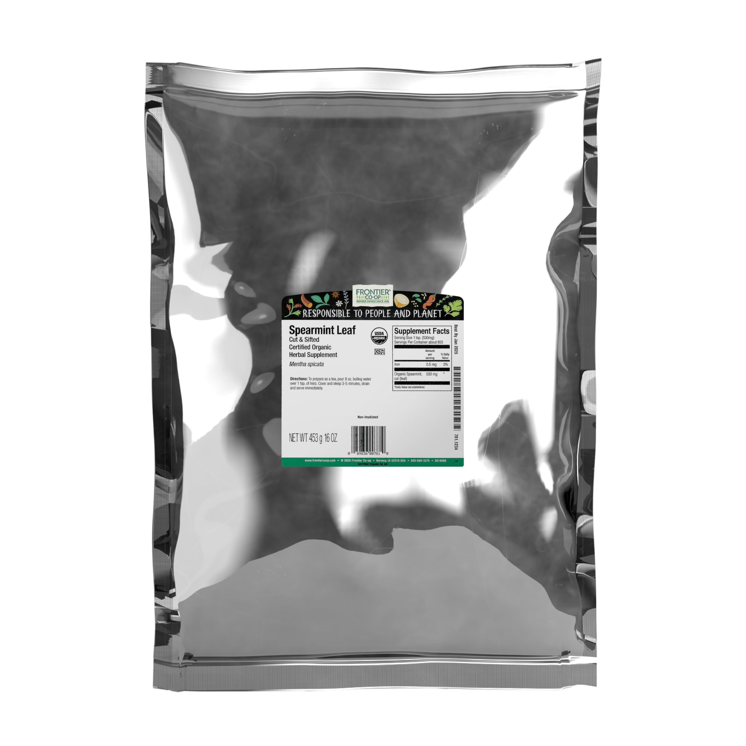 Frontier Co-op spearmint leaf bulk bag front view with eco-friendly packaging.