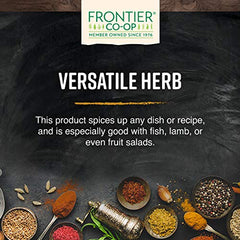 Frontier Co-op spearmint leaf dried closeup emphasizes delicate, fruity fragrance.