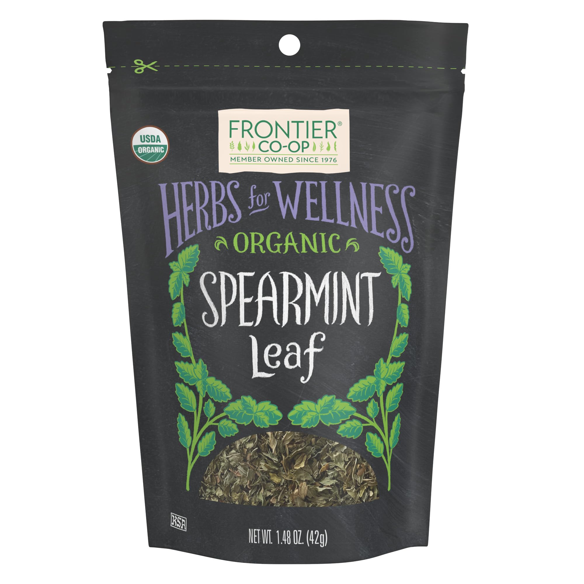 Frontier Co-op spearmint leaf pack highlights fresh aroma for tea and dishes.