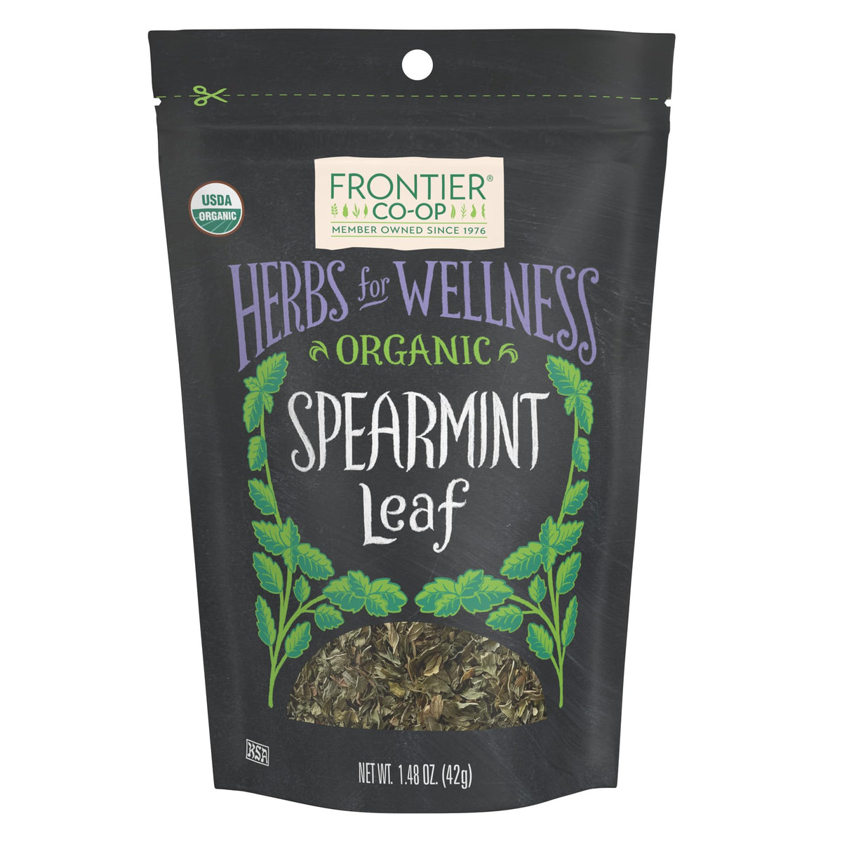 Frontier Co-op spearmint leaf pack highlights fresh aroma for tea and dishes.