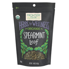 Frontier Co-op spearmint leaf pack highlights fresh aroma for tea and dishes.