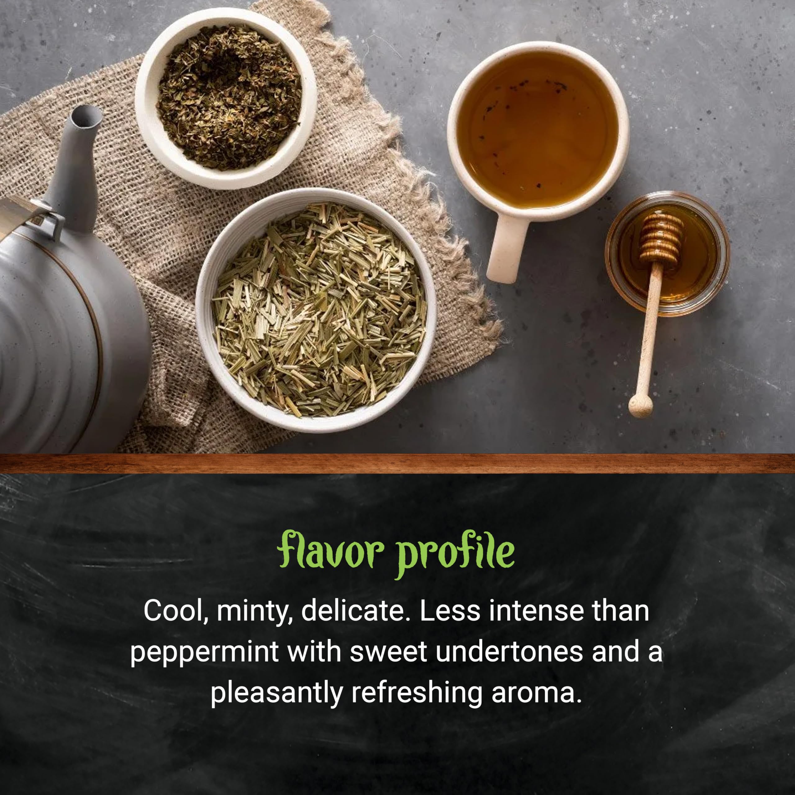 Frontier Co-op spearmint leaf tea infusion showcasing bright flavor.