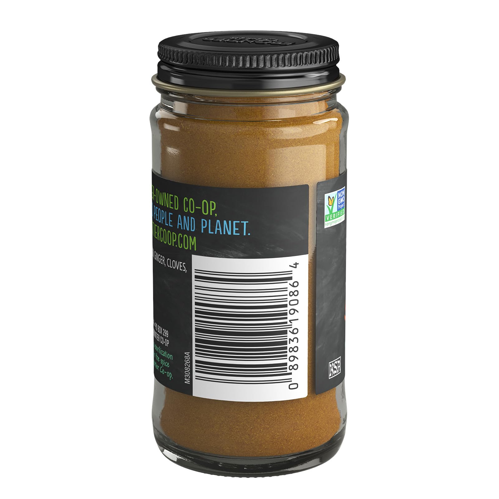 Frontier Co-op Pumpkin Pie Spice bottle label close-up highlighting Kosher and Non-GMO certification.