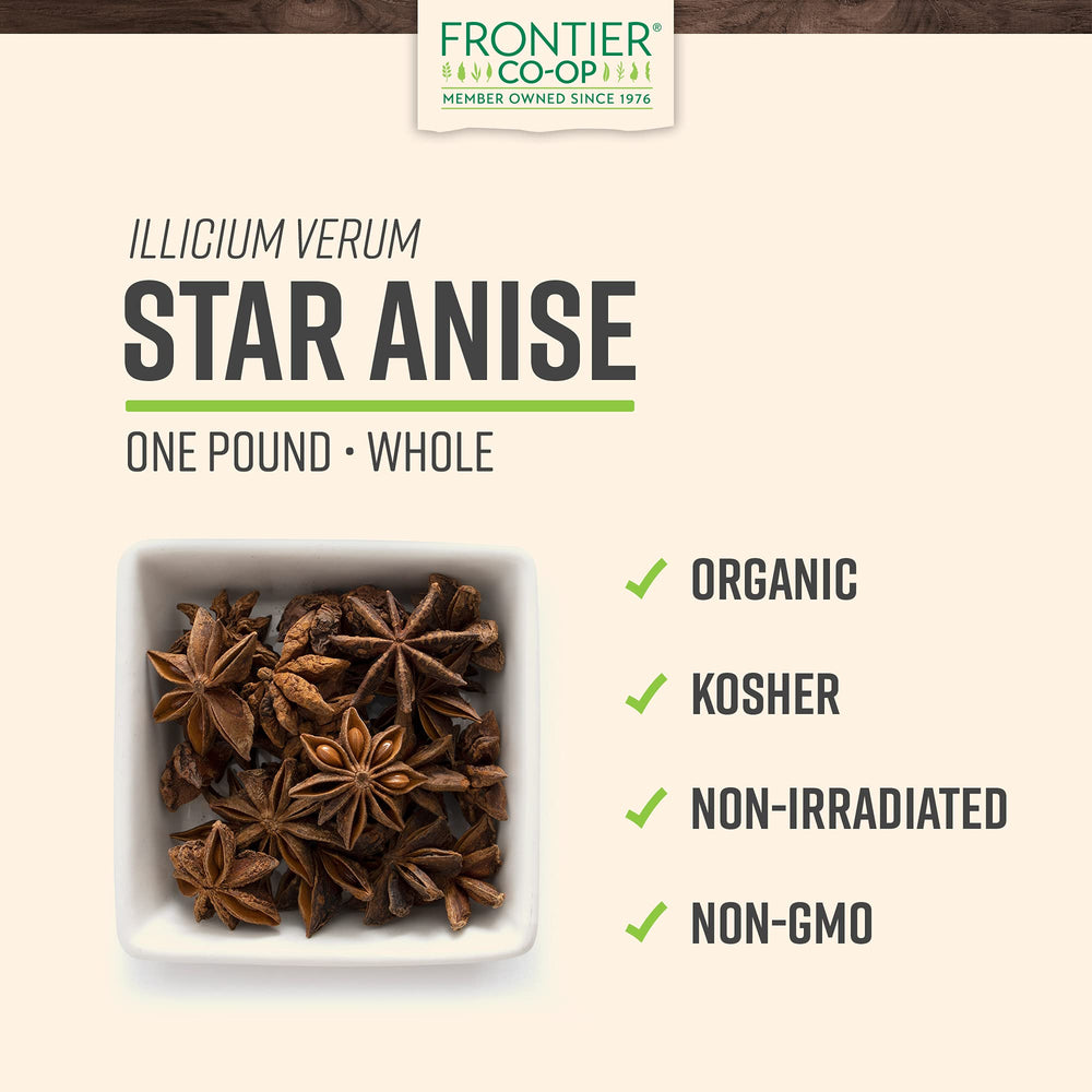 Frontier Co-op star anise pods closeup showing star-shaped pods for visual appeal.