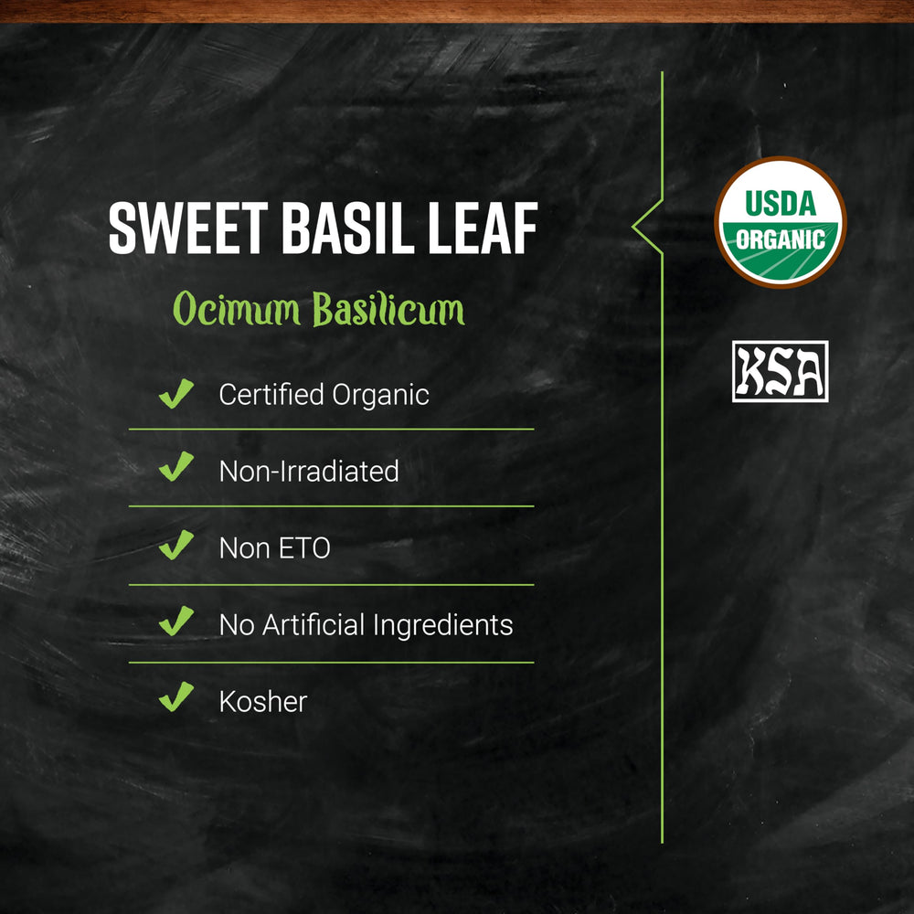 Kosher-certified label on Frontier Co-op Sweet Basil Leaf indicates quality.