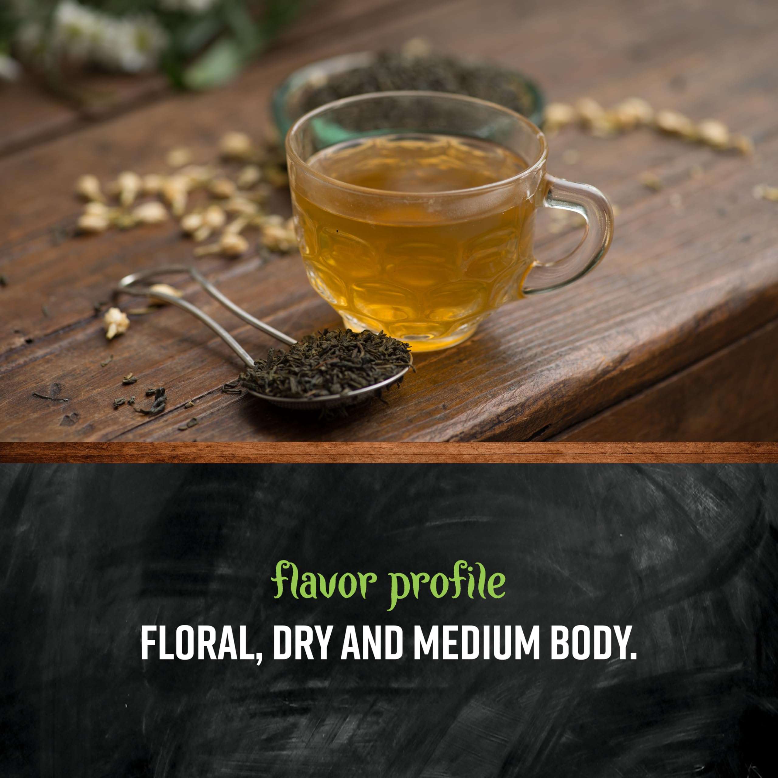 Frontier Co-op Jasmine Green Tea steeping image highlights fragrant, inviting steam and a calming moment.