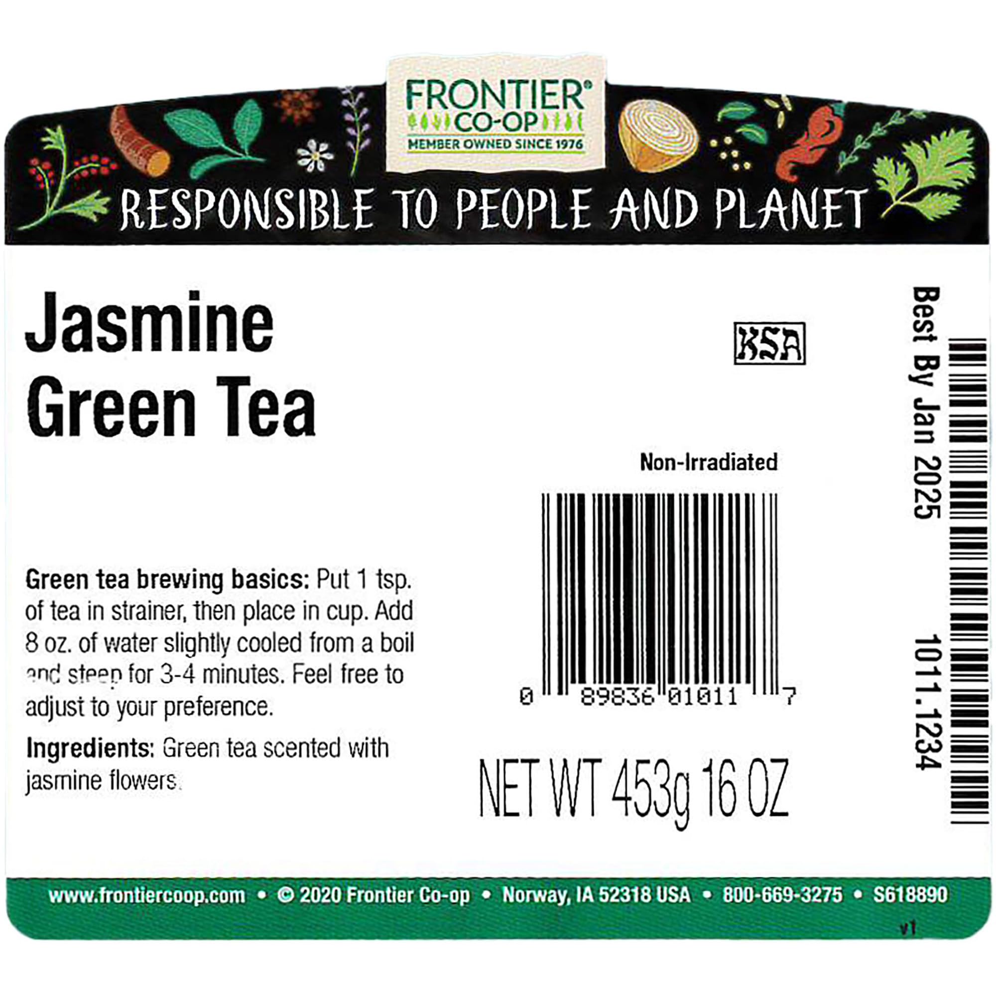 Frontier Co-op Jasmine Green Tea leaves layered with jasmine flowers for fragrant aroma.