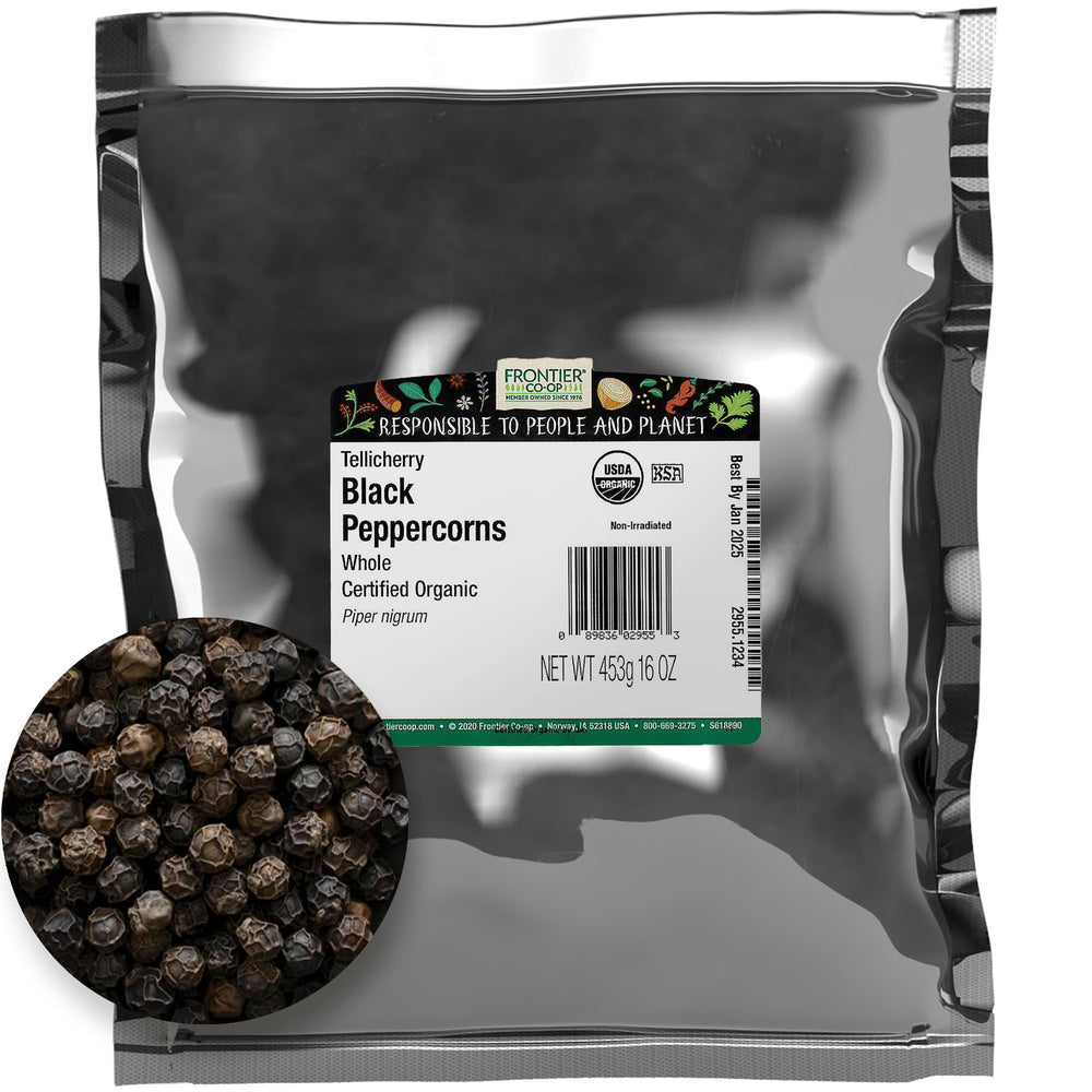 Frontier Co-op Tellicherry black peppercorns bulk bag showing robust aroma for cooking