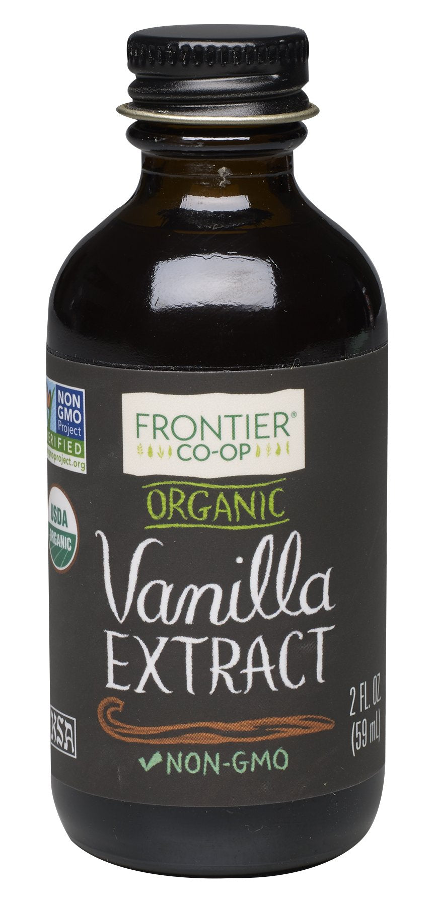 Frontier Co-op vanilla extract bottle on kitchen counter, ideal for desserts
