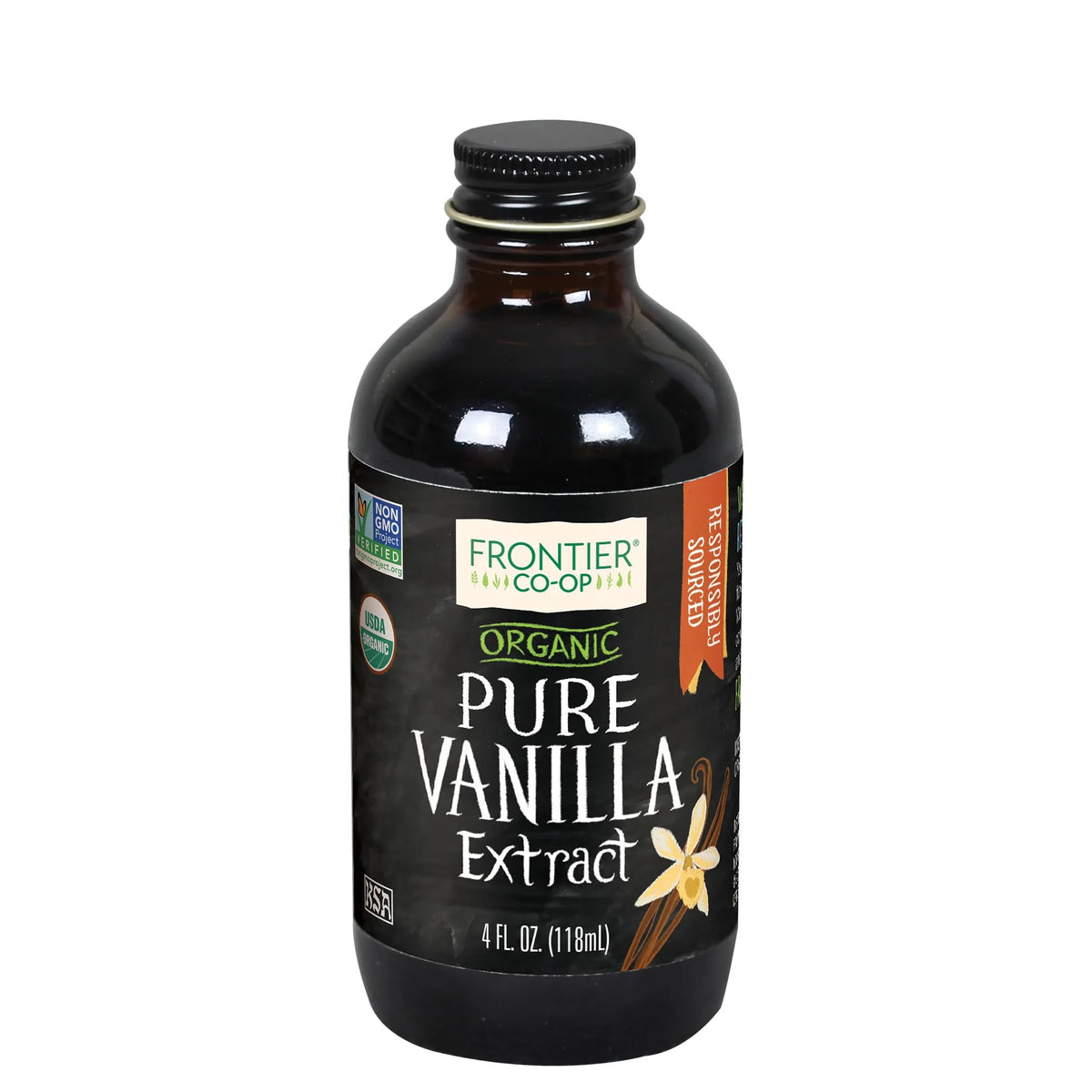 Frontier Co-op Organic Pure Vanilla Extract bottle boosts desserts with rich, buttery flavor.