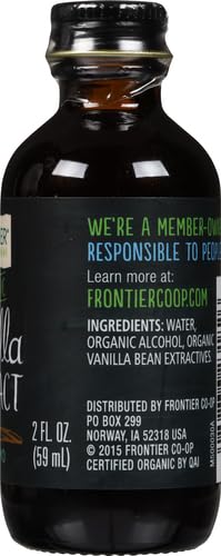 Frontier Co-op vanilla extract glass bottle on counter for baking