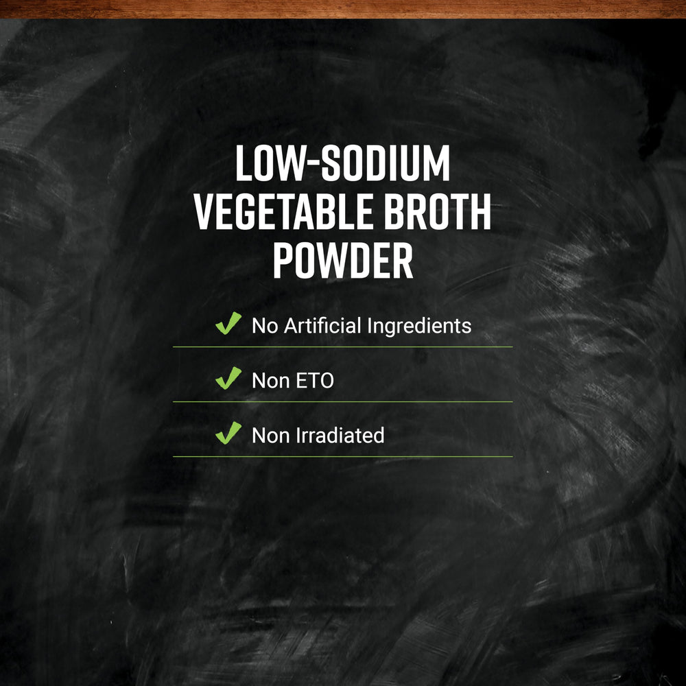 Ingredient blend label on Frontier Co-op vegetable broth powder highlighting veggies and spices.