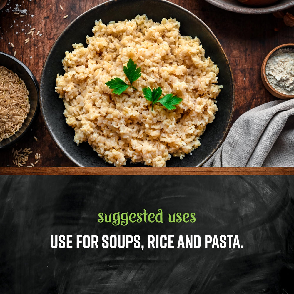 Kitchen scene with Frontier Co-op vegetable broth powder as a versatile flavor base.