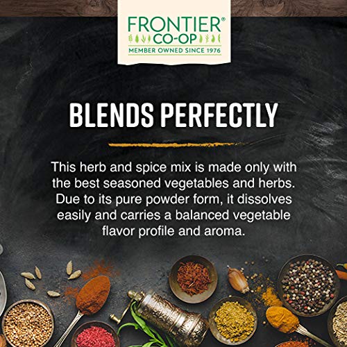 Frontier Co-op vegetarian broth powder ingredients blend in a colorful display.