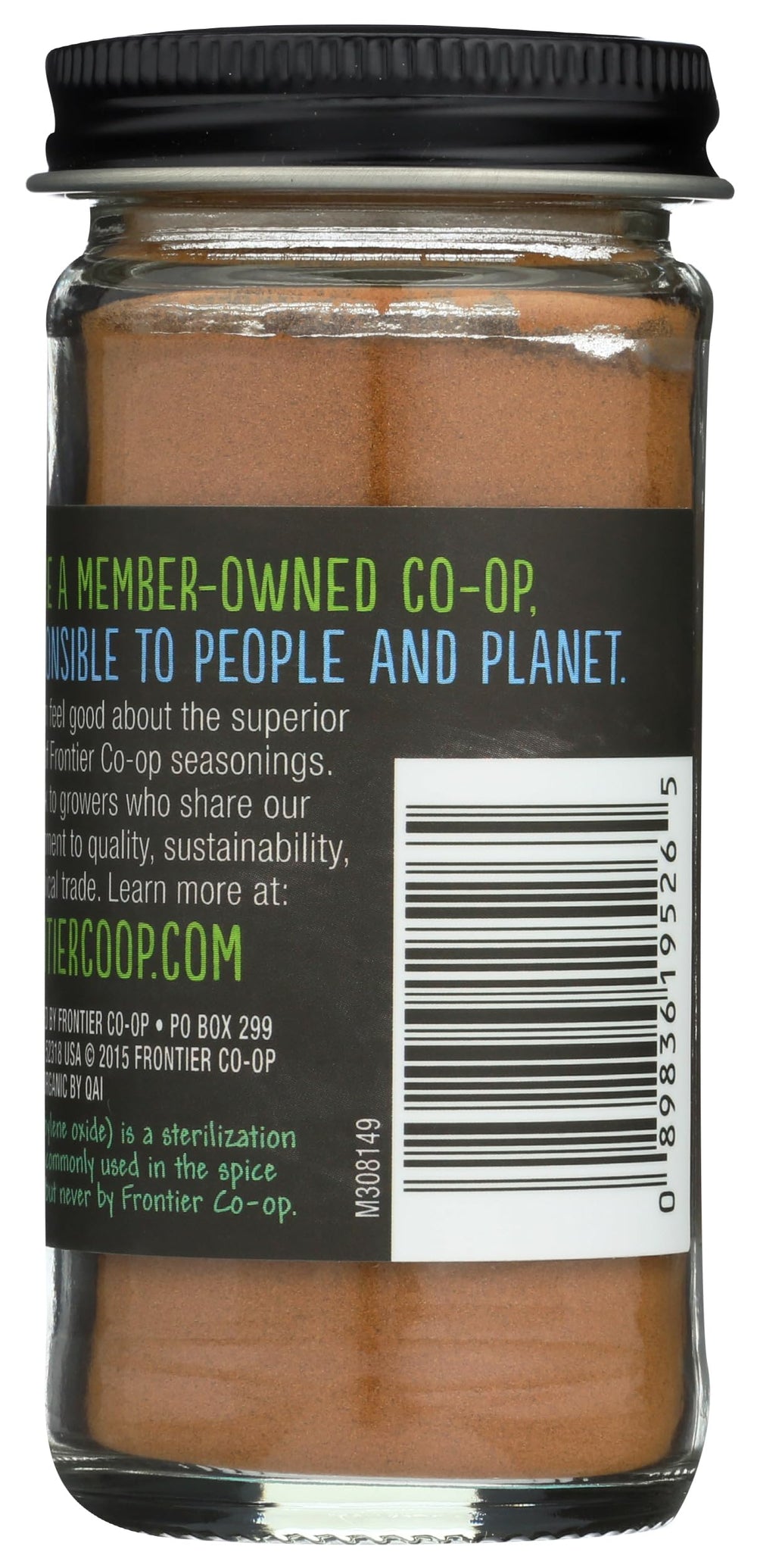 Frontier Co-op ground cinnamon jar label signals premium quality and ethical sourcing