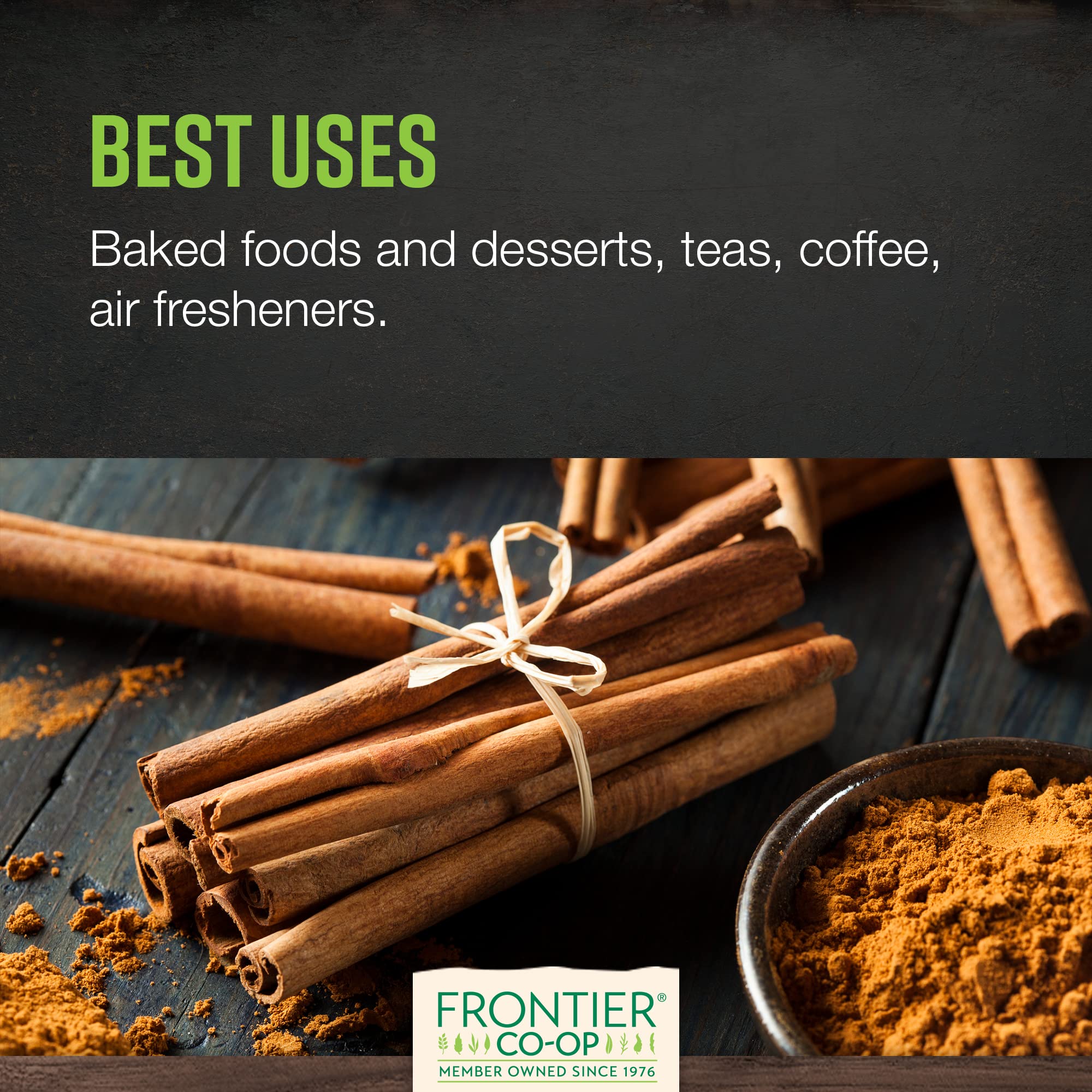 Frontier Co-op Organic Ground Vietnamese Cinnamon resealable bag maintains aroma.