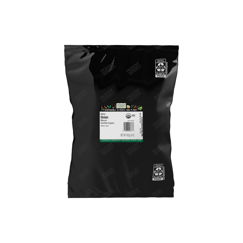 Frontier Co-op white minced onion bulk 1lb package adds rich aroma for soups and stews.