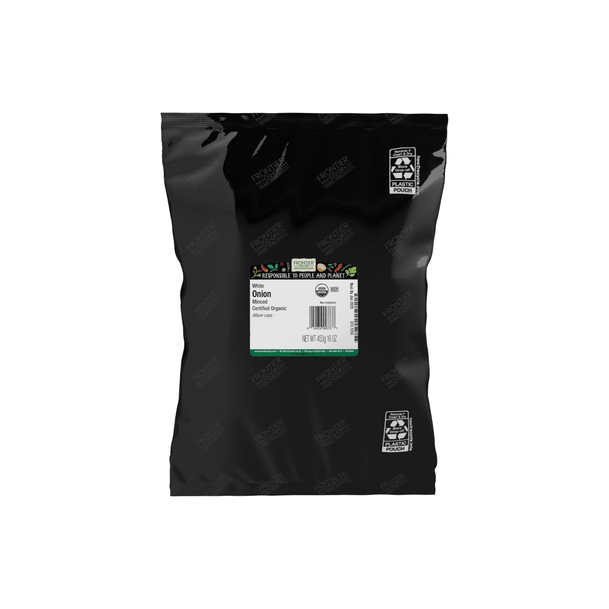 Frontier Co-op white minced onion bulk 1lb package adds rich aroma for soups and stews.