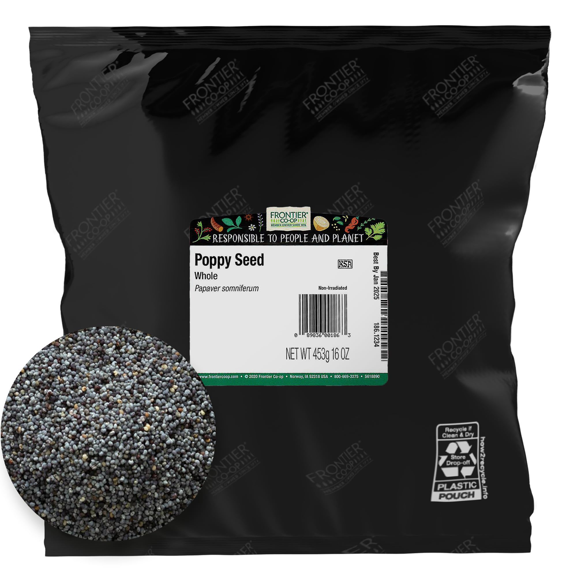 Frontier Co-op whole poppy seeds bulk bag closeup for baking ideas.