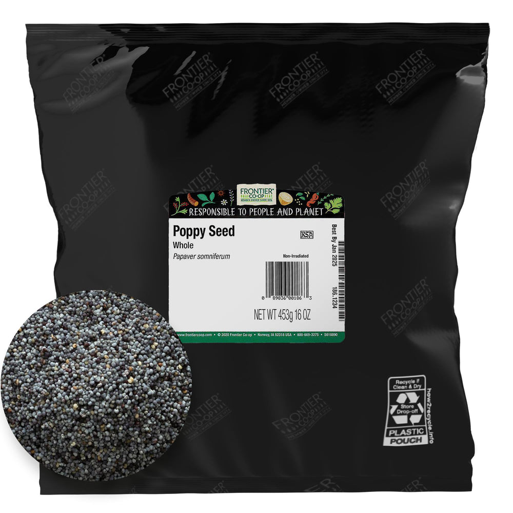 Frontier Co-op whole poppy seeds bulk bag closeup for baking ideas.