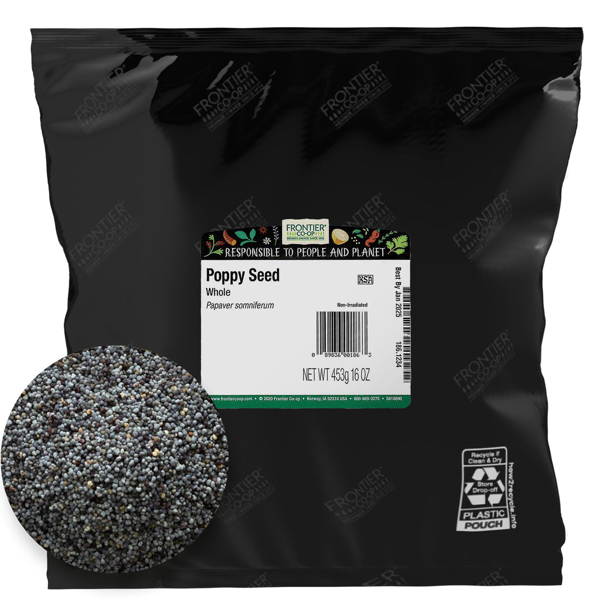 Frontier Co-op whole poppy seeds bulk bag closeup for baking ideas.