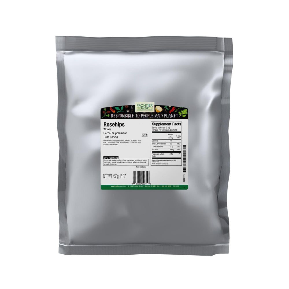 Frontier Co-op Whole Rosehips bag on shelf ideal for brewing rose hip tea