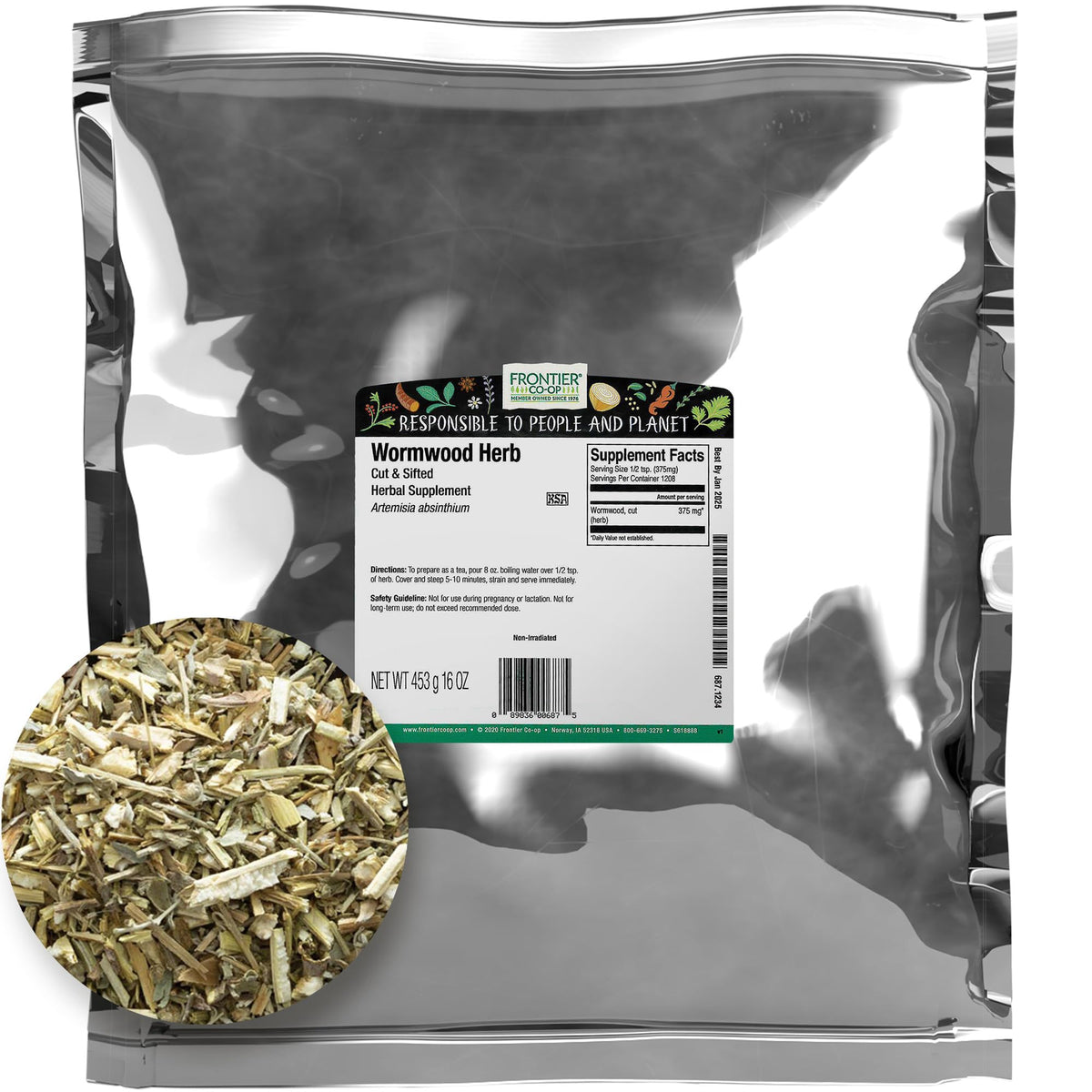 Frontier Co-op wormwood bulk bag ready for tea and culinary use.