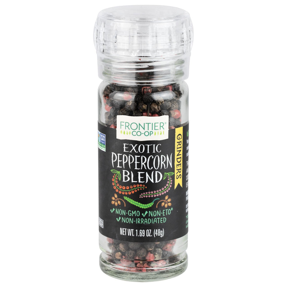 Frontier Co-op Exotic Peppercorn Blend bottle showing a versatile seasoning for elevated dishes.