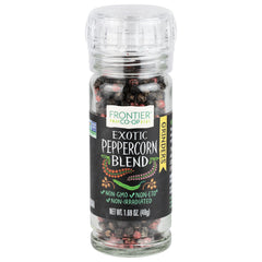 Frontier Co-op Exotic Peppercorn Blend bottle showing a versatile seasoning for elevated dishes.