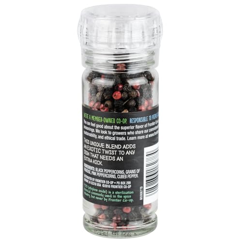 Frontier Co-op Exotic Peppercorn Blend grinder ready to add bold flavor to meals.
