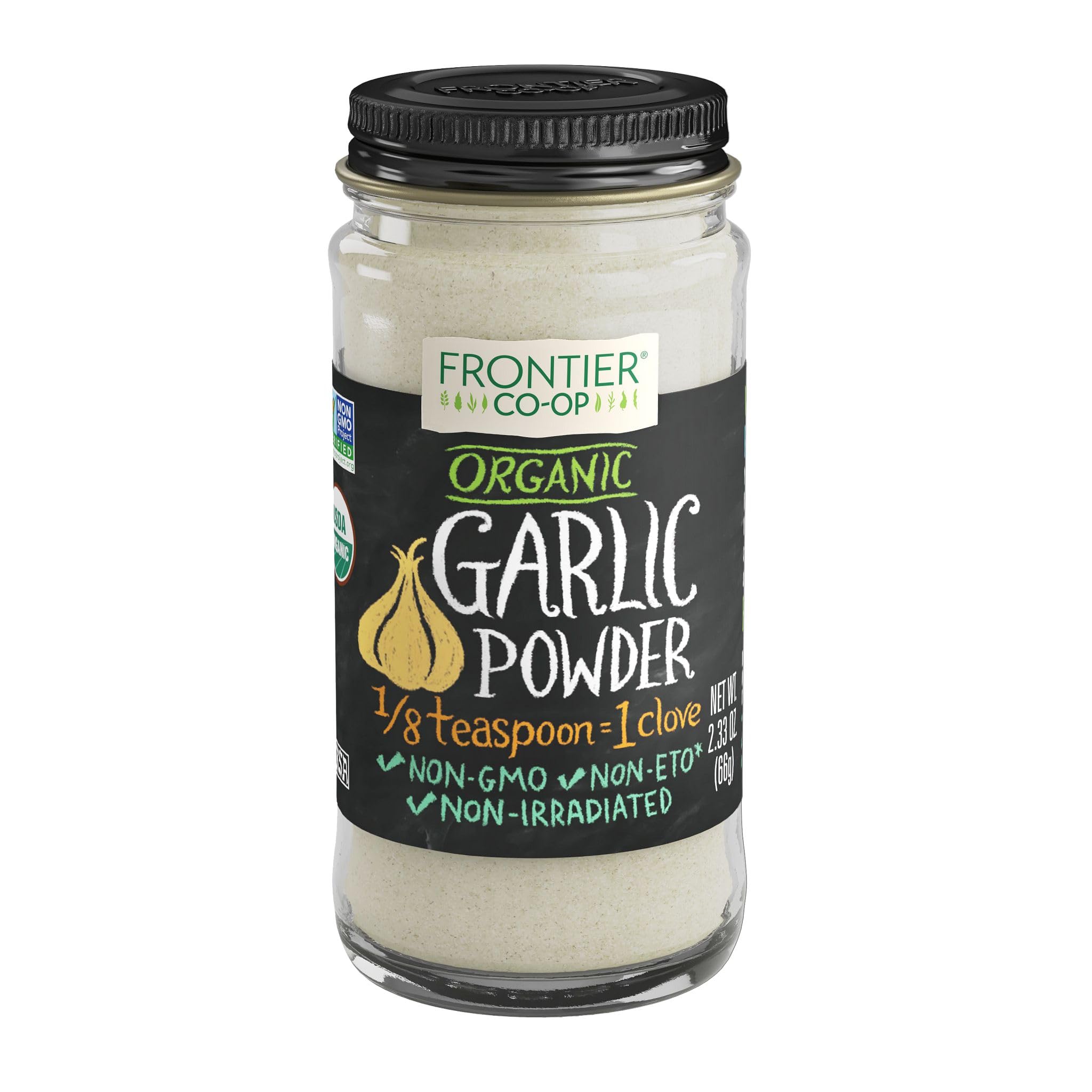 Frontier Co-op Organic Garlic Powder bottle boosts savory flavor in meals.