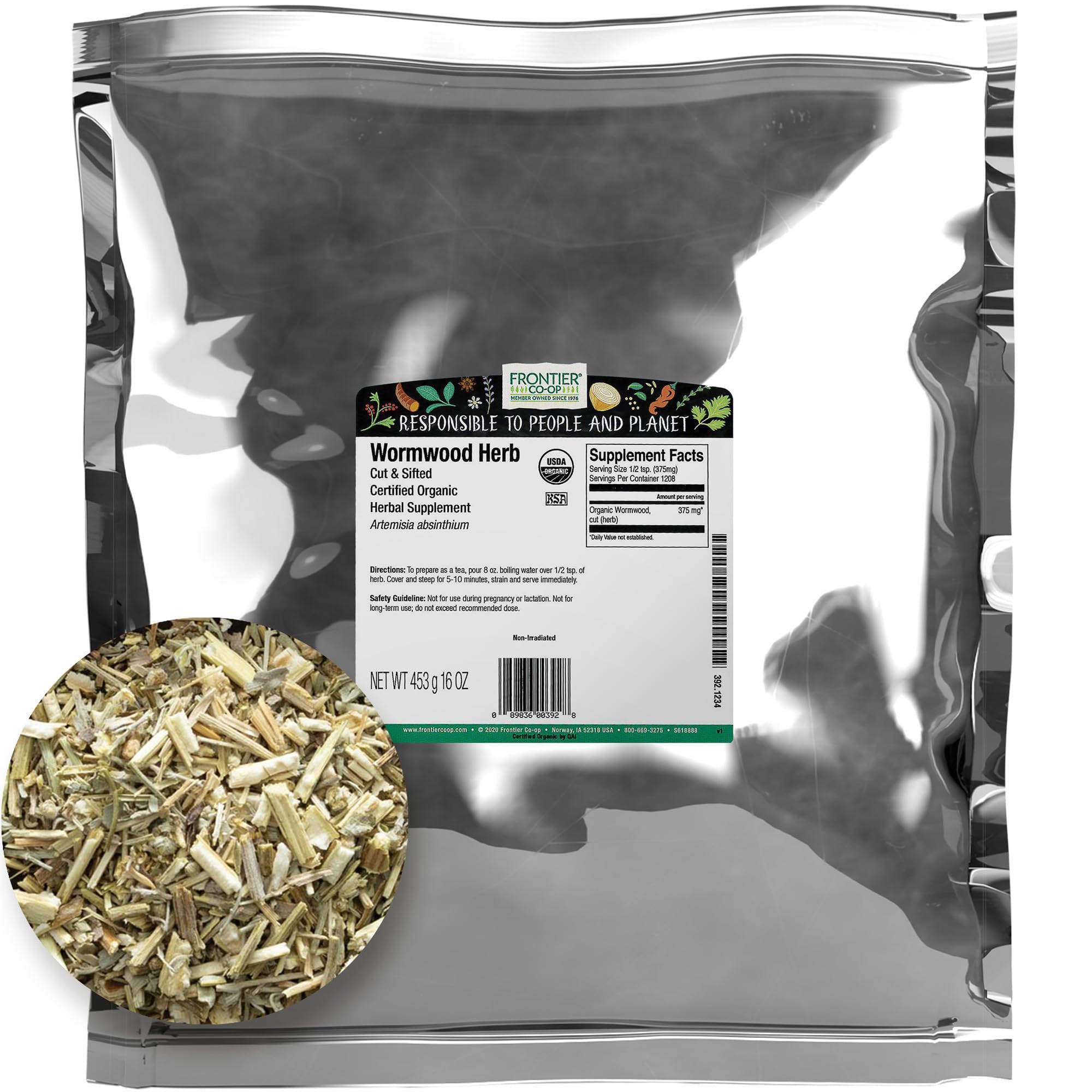 Frontier Co-op organic wormwood herb bulk bag cut and sifted for teas
