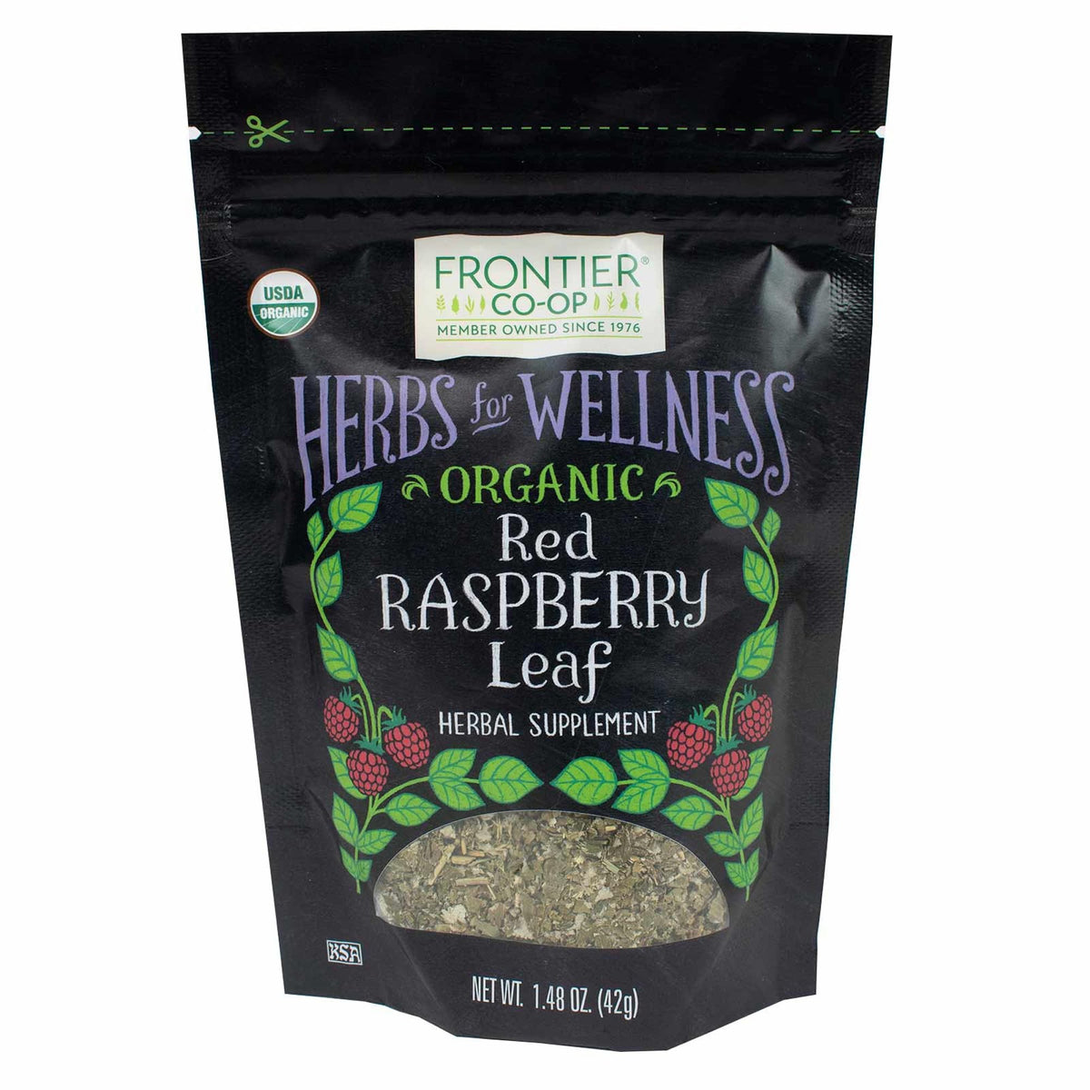 Frontier Co-op raspberry leaf cut-sifted in bulk, ideal for tea blends.