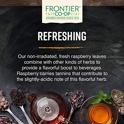 Frontier Co-op raspberry leaf tea base close-up shows natural leaves.