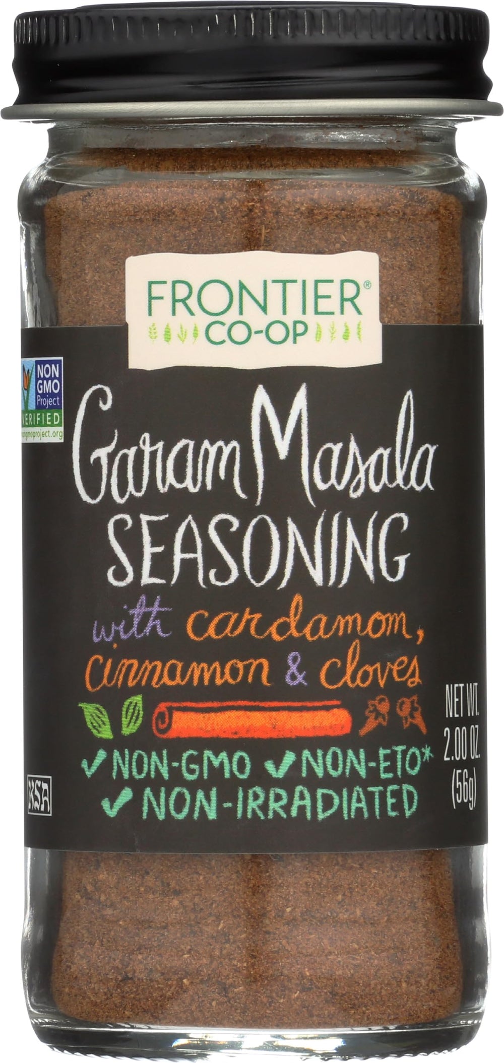 Frontier Garam Masala bottle front label for authentic Indian flavor in cooking.