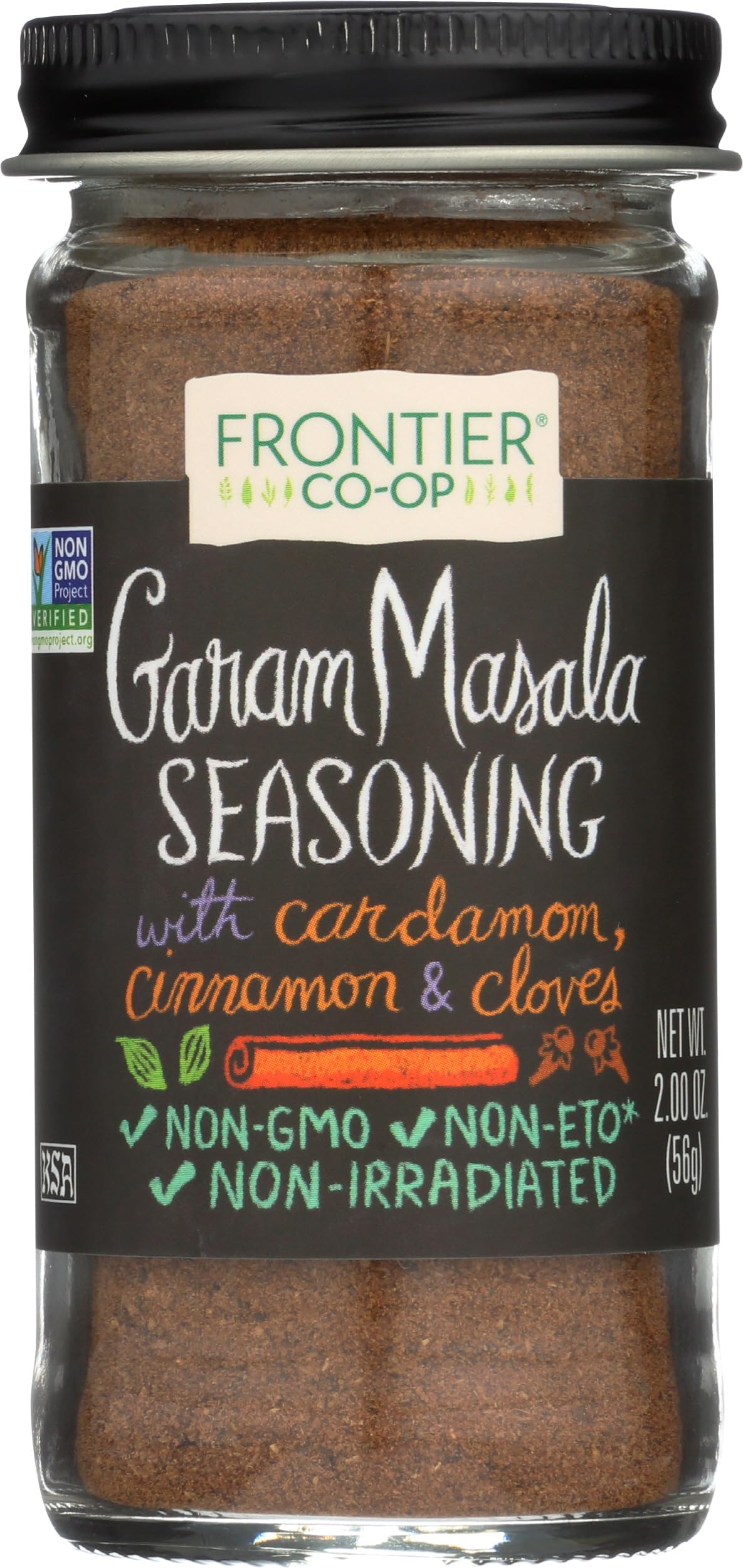 Frontier Garam Masala bottle front label for authentic Indian flavor in cooking.