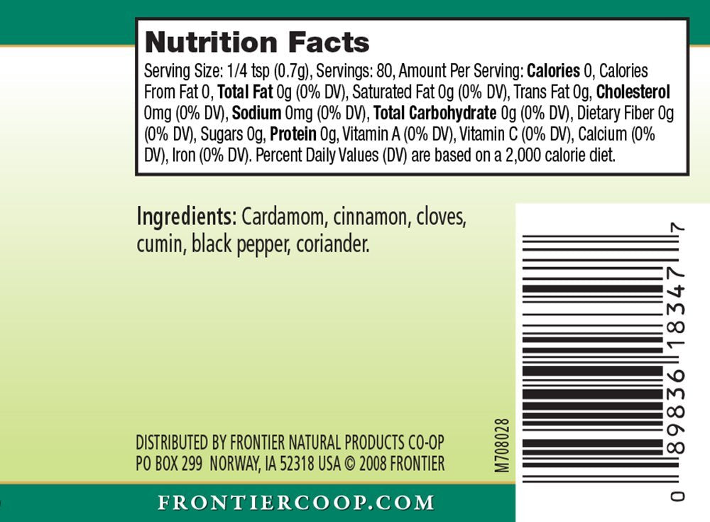 Close-up of Frontier Garam Masala spice powder reveals cardamom and cinnamon notes.