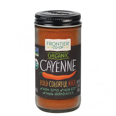 Frontier Herb Organic Ground Cayenne Pepper close-up, bright red powder for adding heat.