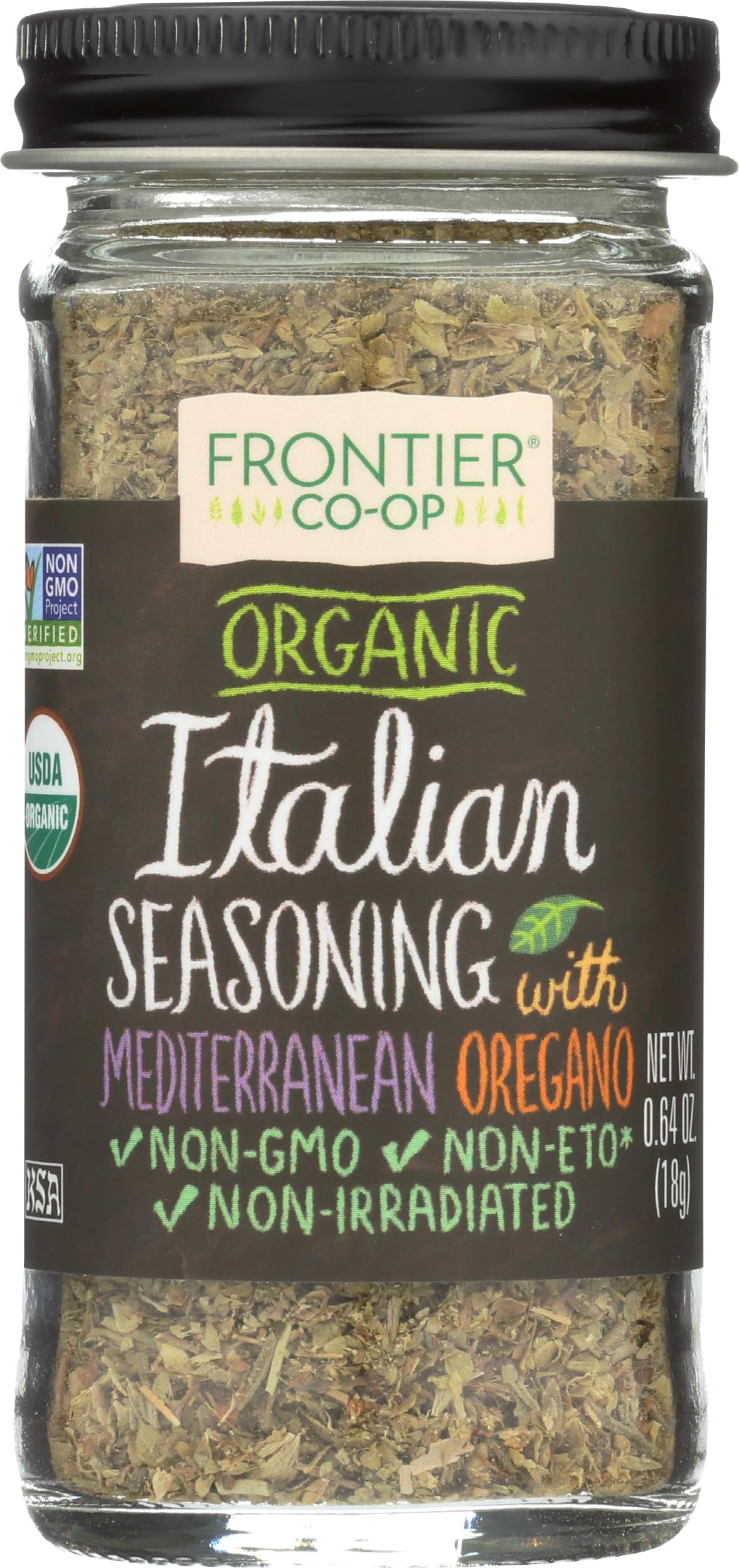 Frontier Italian Seasoning organic bottle on shelf enhances pasta sauces with authentic Mediterranean aroma.