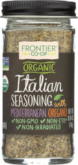 Frontier Italian Seasoning organic bottle on shelf enhances pasta sauces with authentic Mediterranean aroma.