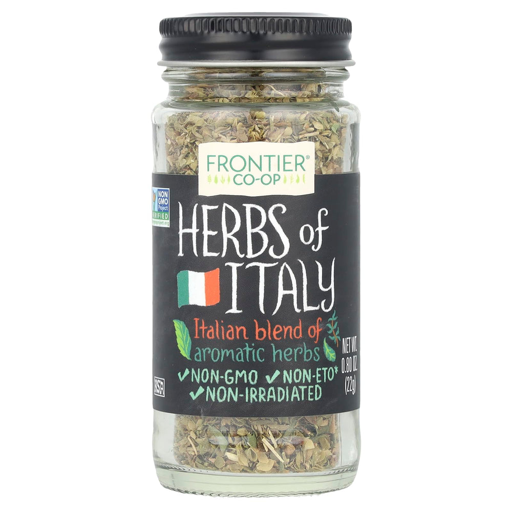 Frontier Italy Blend Spice bottle showcasing salt-free Italian seasoning for rich flavor.