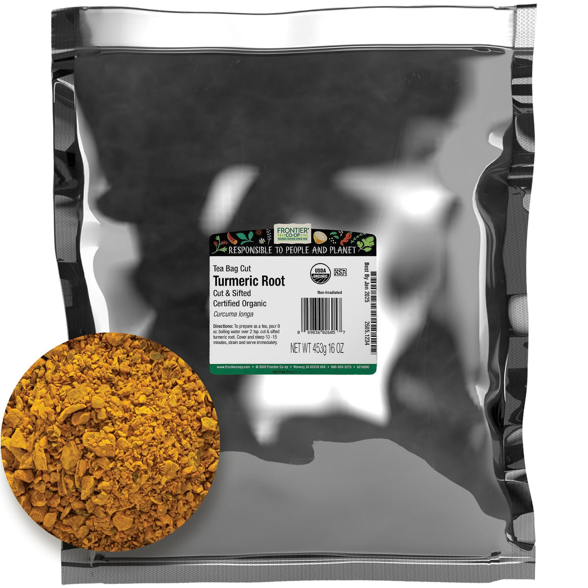 Frontier Co-op Organic Turmeric Root, cut and sifted, bulk bag adds vibrant color to dishes.
