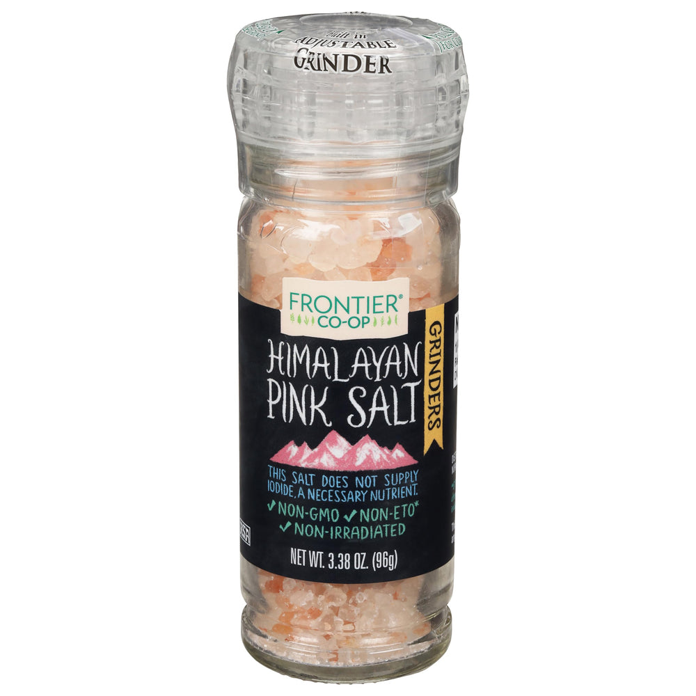 Frontier Co-op Pink Himalayan Salt Grinder on table with sleek, refillable design for gourmet seasoning